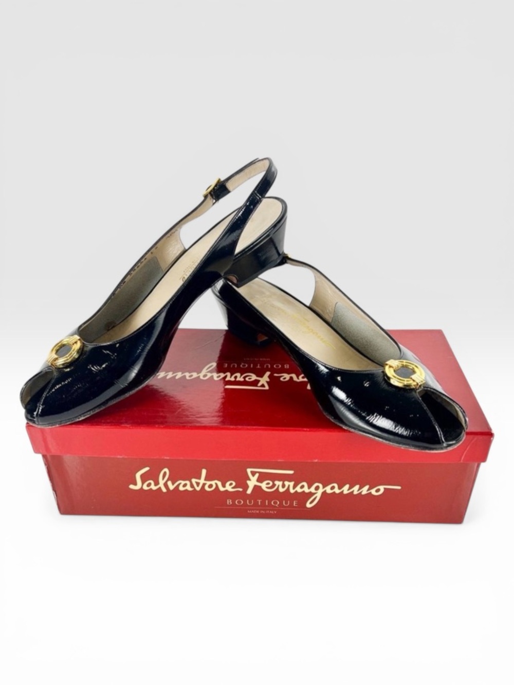 Salvatore Ferragamo Vintage Patent Slingback Peep Toe Heels Buckle Black 9 AAA